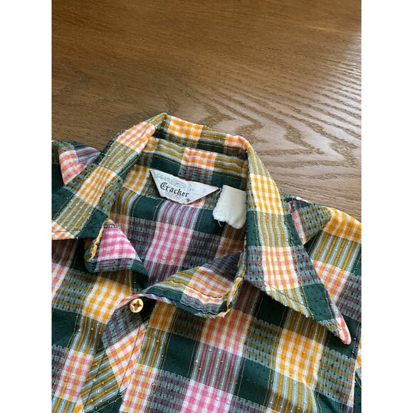 VTG 70s Cracker Barrel Rainbow Plaid Pointed Collar Button Shirt - Picture 7 of 8